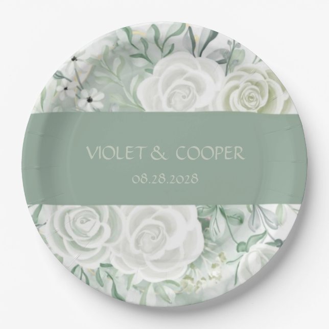 Dusty Sage Watercolor Florals Wedding Paper Plates (Front)