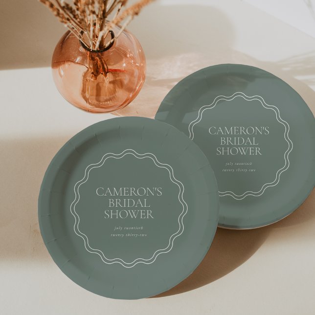 Dusty Sage | Wavy Scallop Border Bridal Shower Paper Plates (Creator Uploaded)