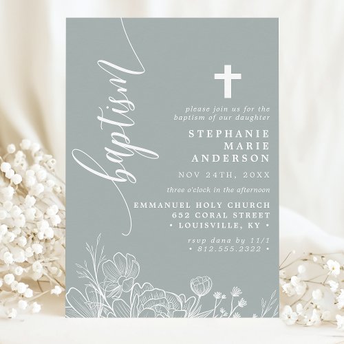 Dusty Sage White Floral Elegant Script Baptism Invitation