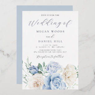 Dusty Sky Blue Gorgeous Floral Wedding Silver Foil Invitation