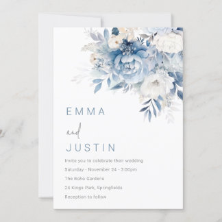 Dusty Sky Blue & White Flowers Wedding Invitation