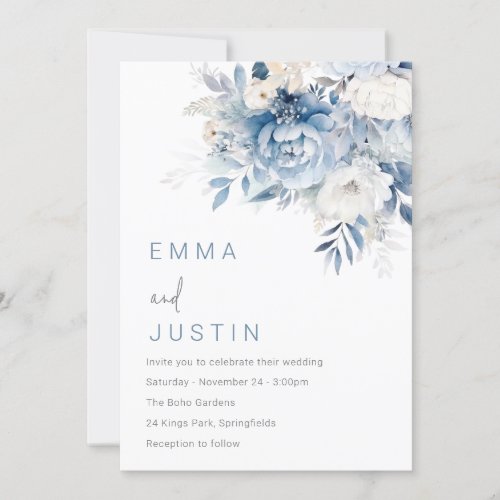 Dusty Sky Blue  White Flowers Wedding Invitation