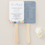 Dusty Slate Blue Peach Botanical Wedding Program Hand Fan<br><div class="desc">Chic dusty slate blue and peach watercolor flowers and foliage wedding program fans. Programs feature multiple text lines for names,  date and order of ceremony on front. Back features solid dusty slate blue color,  lines of text for the wedding party and thank you message.</div>