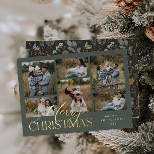 Dusty Spruce Green Photo Collage Gold Foil Holiday Card