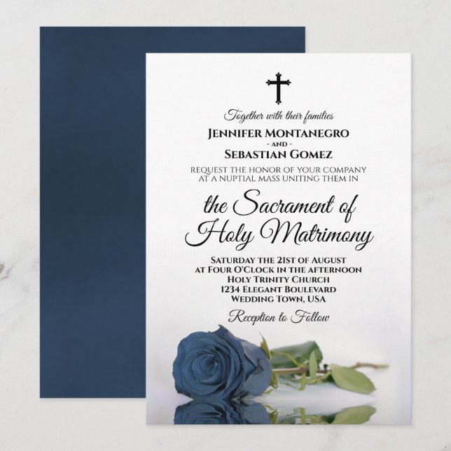 Dusty Steel Blue Rose Chic Modern Catholic Wedding Invitation (Front/Back)
