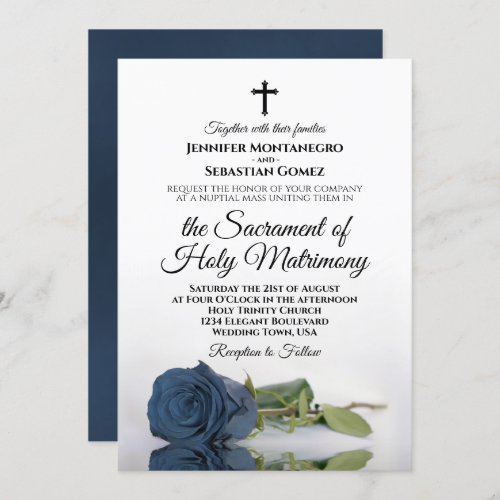 Dusty Steel Blue Rose Chic Modern Catholic Wedding Invitation