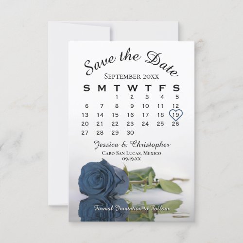 Dusty Steel Blue Rose Elegant Wedding Calendar Save The Date