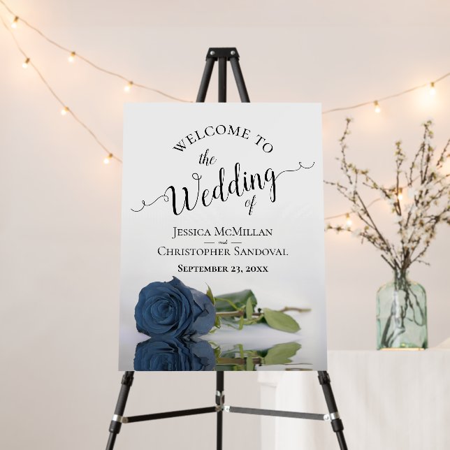 Dusty Steel Blue Rose Elegant Wedding Welcome Foam Board (In Situ (Stand))