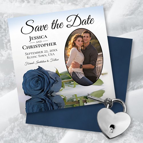 Dusty Steel Blue Rose Oval Photo Elegant Wedding Save The Date