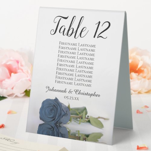 Dusty Steel Blue Rose Wedding Number Seating Chart Table Tent Sign