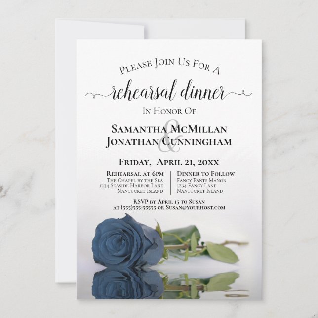 Dusty Steel Blue Rose Wedding Rehearsal Dinner Invitation (Front)