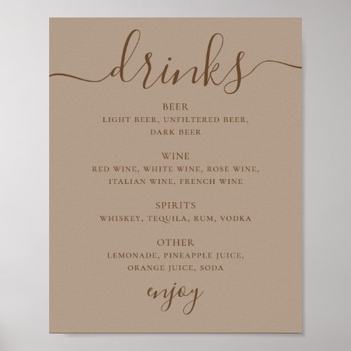 Dusty Taupe Wedding Drinks Sign | Modern Bar Menu