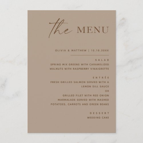 Dusty Taupe Wedding. Modern Warm Neutral Reception Menu