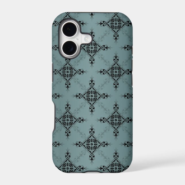 Dusty Teal and Black Damask Pattern Iphone Case (Back)