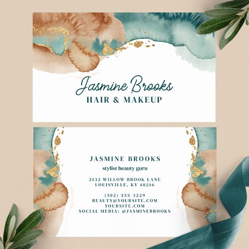 Dusty Teal And Gold Watercolor Business Card