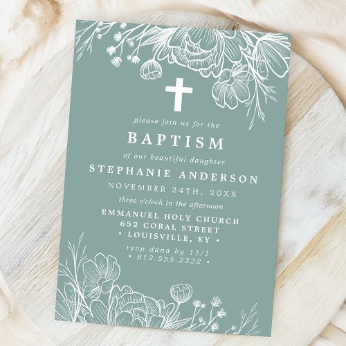 Dusty Teal And White Floral Baptism Invitation