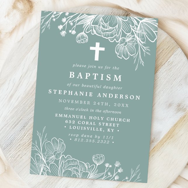 Dusty Teal and White Floral Baptism Invitation (Creator Uploaded)