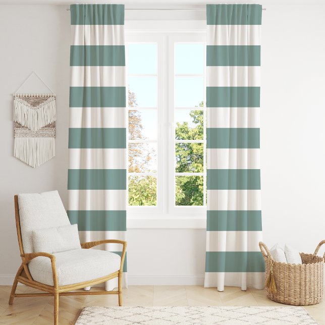 Dusty Teal And White Wide Horizontal Stripe  Blackout Curtains (Creator Uploaded)