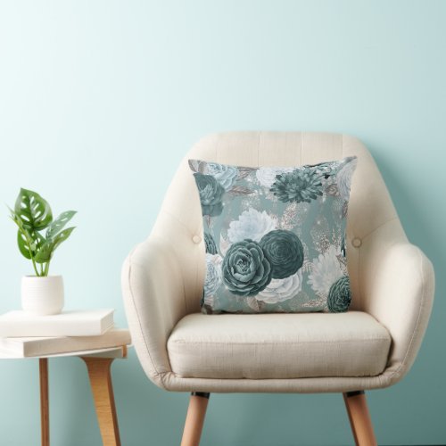 Dusty Teal Aqua Floral Damask Throw Pillow