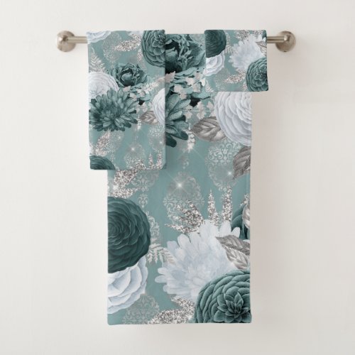 Dusty Teal Aqua Floral with Damask Design Towel