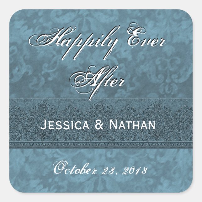 Dusty Teal Blue and Purple Wedding Damask Square Sticker (Front)