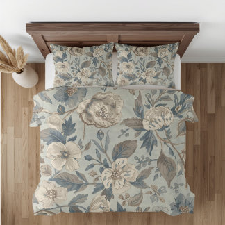 Dusty Teal Blue Brown Beige Farmhouse Floral Duvet Cover