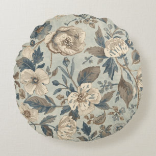 Dusty Teal Blue Brown Beige Farmhouse Floral Round Pillow