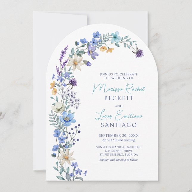 Dusty Teal Blue Lavender Wildflower Arch Wedding Invitation (Front)