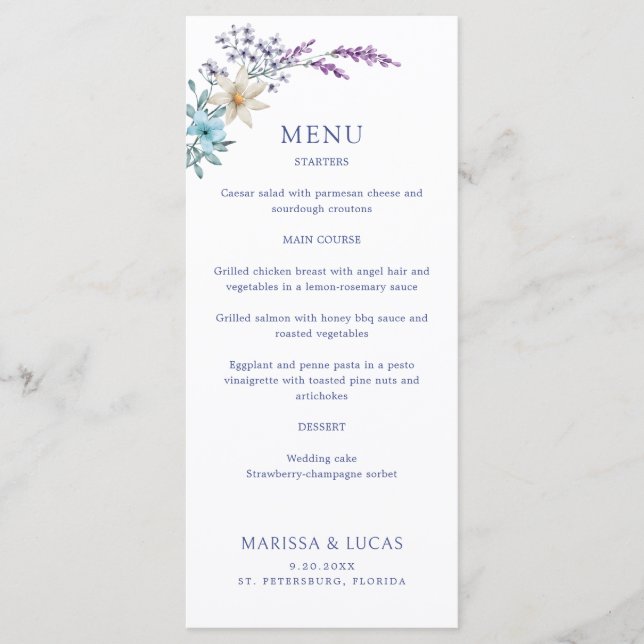 Dusty Teal Blue Lavender Wildflowers Wedding Menu (Front)