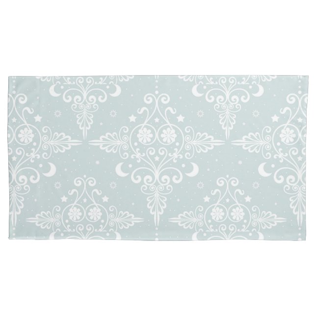 Dusty Teal Bohemian Style Celestial Damask Pattern Pillow Case (Front)