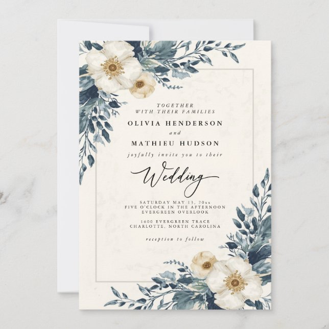 Dusty Teal Botanical Whimsy Wedding Invitation (Front)