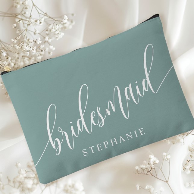 Dusty Teal Bridesmaid Modern Calligraphy Accessory Pouch (Creator Uploaded)