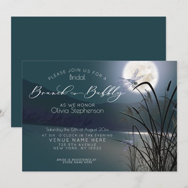 Dusty Teal Brunch Bubbly Full Moon Dragonfly Invitation (Front/Back)
