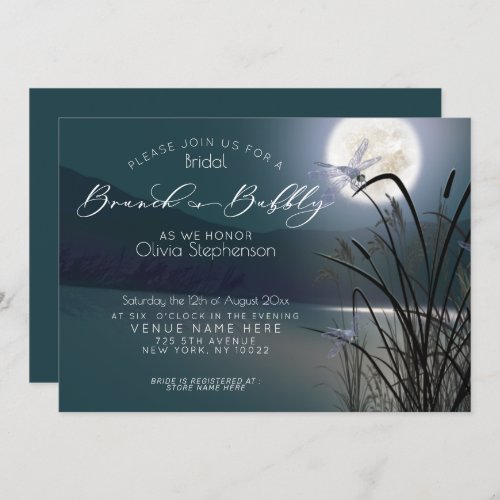 Dusty Teal Brunch Bubbly Full Moon Dragonfly Invitation