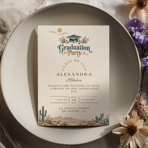 Dusty Teal Cactus Western Graduation Invitation