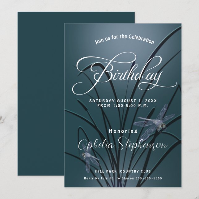 Dusty Teal  Dragonfly Birthday Invitation (Front/Back)