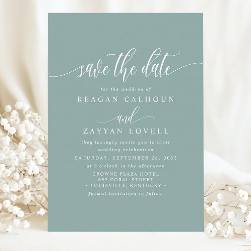 Dusty Teal Elegant Calligraphy Save The Date