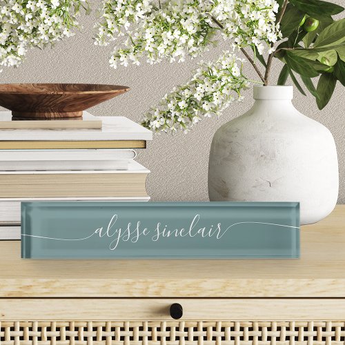 Dusty Teal Elegant Calligraphy Script Desk Name Plate