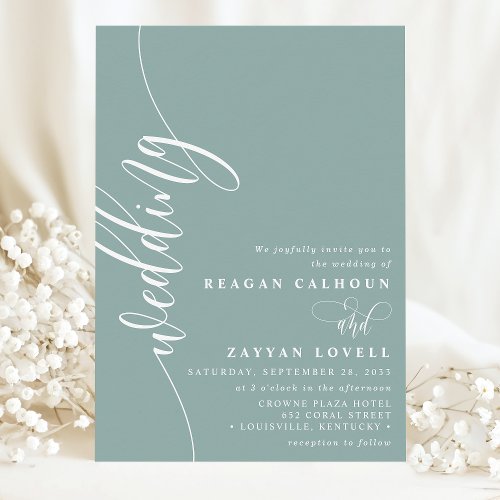 Dusty Teal Elegant Calligraphy Script Wedding Invitation