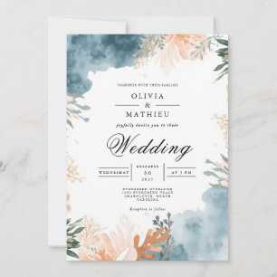 Dusty Teal Floral Abstract Wedding Invitation