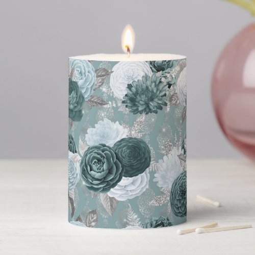 Dusty Teal Floral with Damask Design Pillar Candle