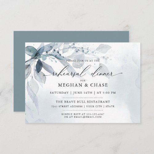 Dusty Teal Foliage Watercolor Rehearsal Dinner Invitation