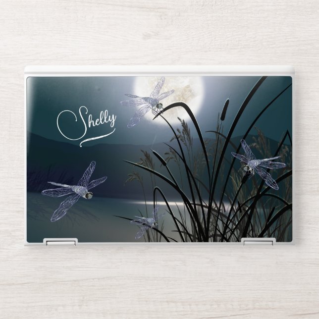 Dusty Teal Full Moon Dragonflies HP Laptop Skin (Front)
