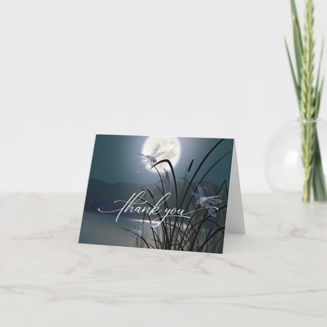 Dusty Teal Full Moon Dragonfly Pond Thank You Card (Front)