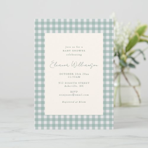 Dusty Teal Gingham Classic Elegant Baby Shower Invitation