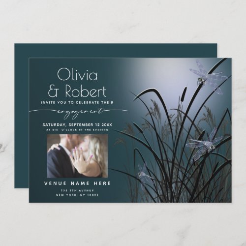 Dusty Teal Glow Engagement Moonlight Dragonfly  Invitation