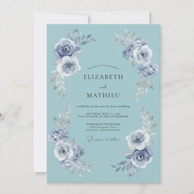 Dusty Teal Graceful Winter Wedding Invitation (Front)