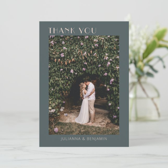  Dusty Teal Green Photo Wedding Thank You Card (Standing Front)