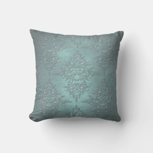 Dusty Teal Grey Fancy Damask Style Pattern Throw Pillow