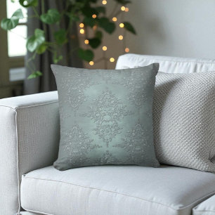 Dusty Teal Grey Fancy Damask Style Pattern Throw Pillow